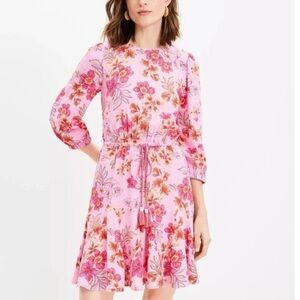 Loft lily Godet Floral Pink orange Dress tassel tie elastic waist NWT MP